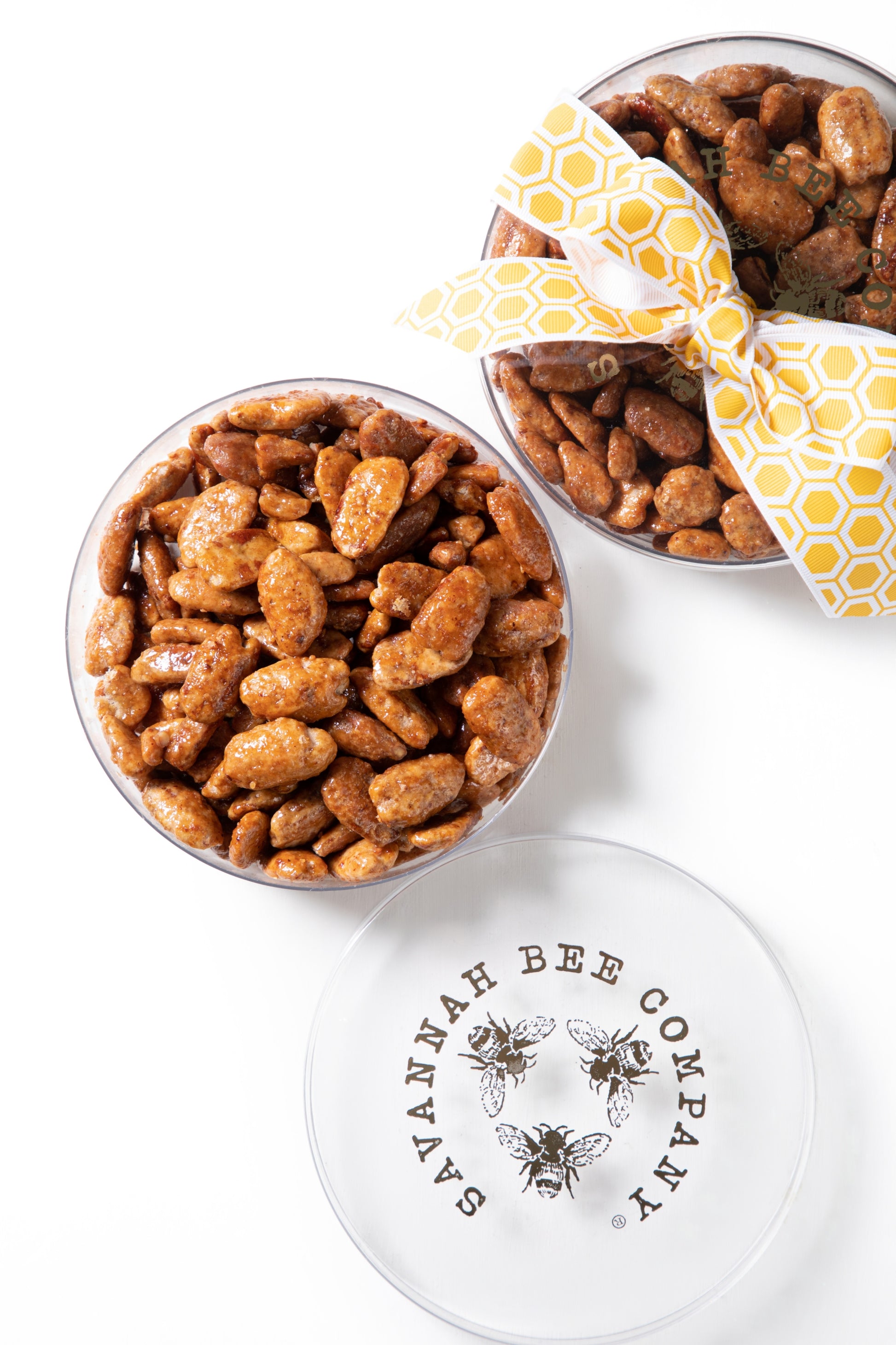 Honey Crisp Pecans in a acrylic Savannah Bee Logo tin